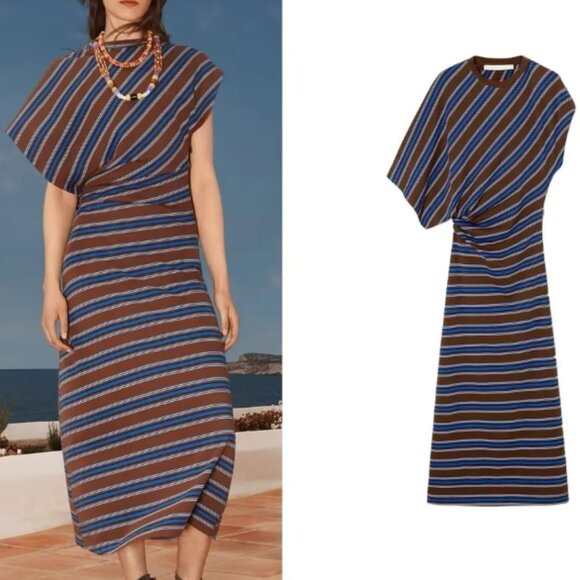 LIMITED EDITION STRIPED DRAPED DRESS - Brown and Blue - Picture 1 of 3